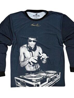 Bruce Lee DJ Dark Gray Kung Fu Scratch Long Sleeve Graphic Shirt, Men's Large